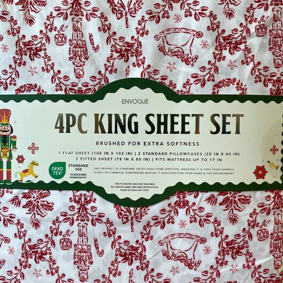 Envogue KING 4pc Sheet Set Nutcracker Toile Christmas Bedding Red & White New - Picture 3 of 11